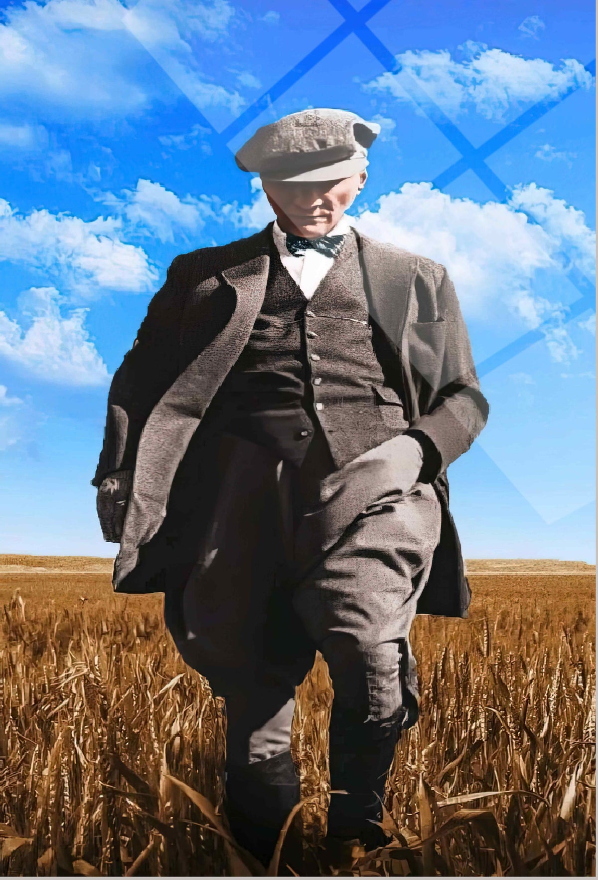 Atatürk Buğday Tarlasında Kasketli Mavi Gökyüzü Cam Tablo – Kırsal Duvar Dekoru