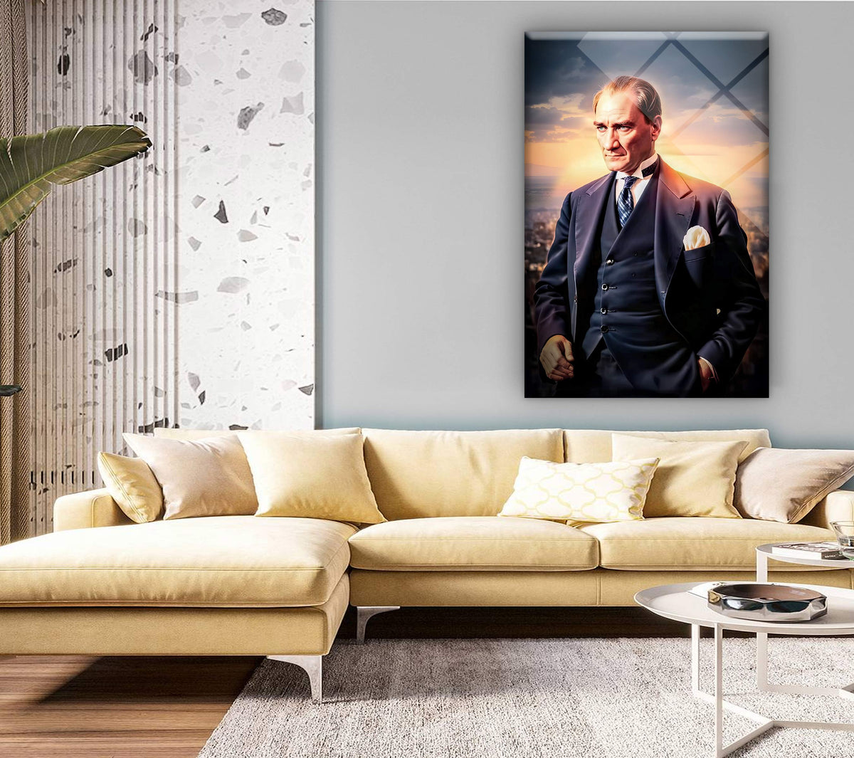 Atatürk Gün Doğumu Işıklı Şehir Silueti Cam Tablo – İlham Verici Duvar Dekoru