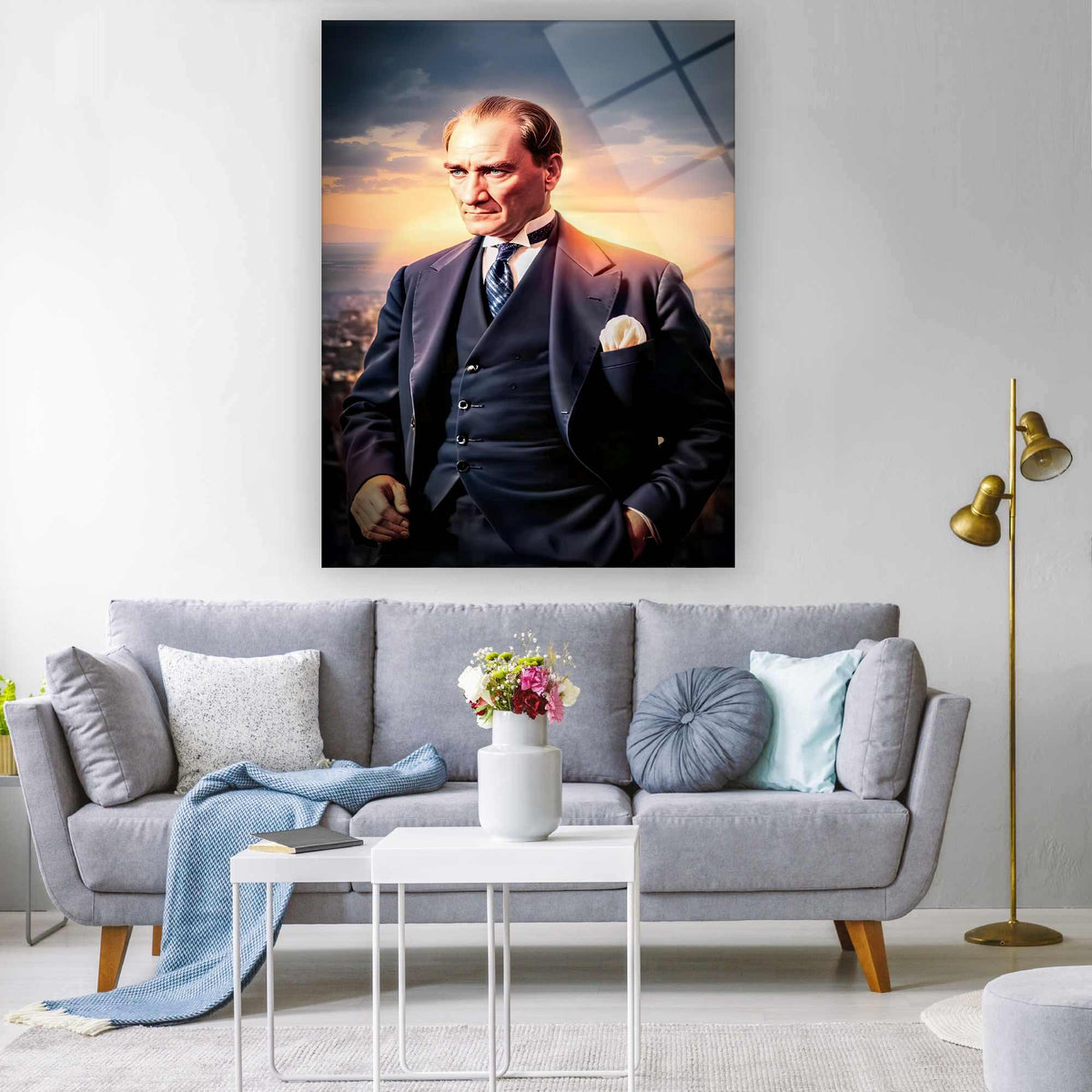 Atatürk Gün Doğumu Işıklı Şehir Silueti Cam Tablo – İlham Verici Duvar Dekoru