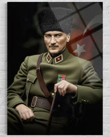 Atatürk Bastonlu Askeri Portre Cam Tablo – Koyu Fon Duvar Dekoru