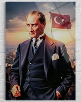 Atatürk Türk Bayraklı Şehir Manzaralı Cam Tablo – Modern Duvar Dekoru