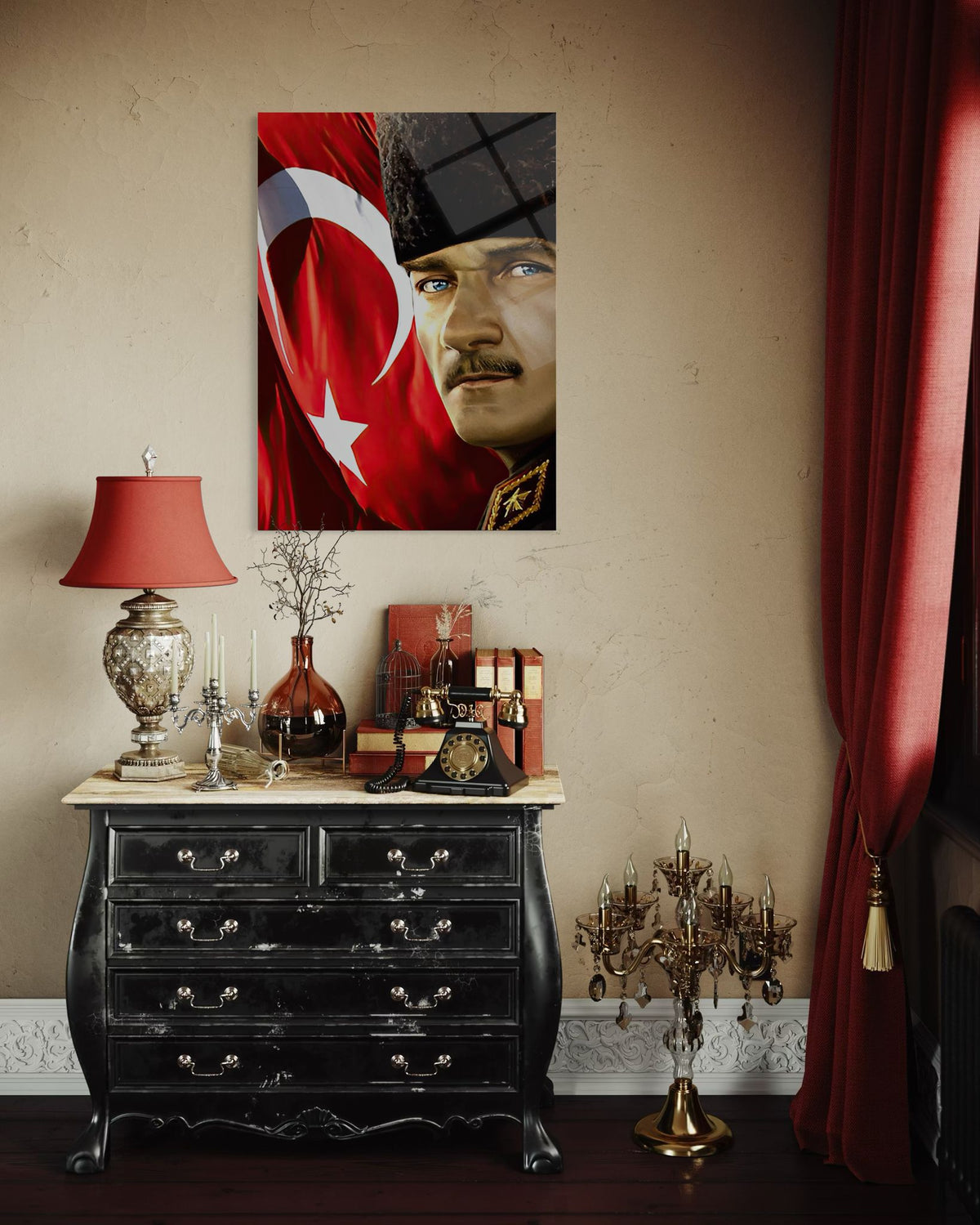 Atatürk Türk Bayraklı Sanatsal Portre Cam Tablo – Vatansever Duvar Dekoru