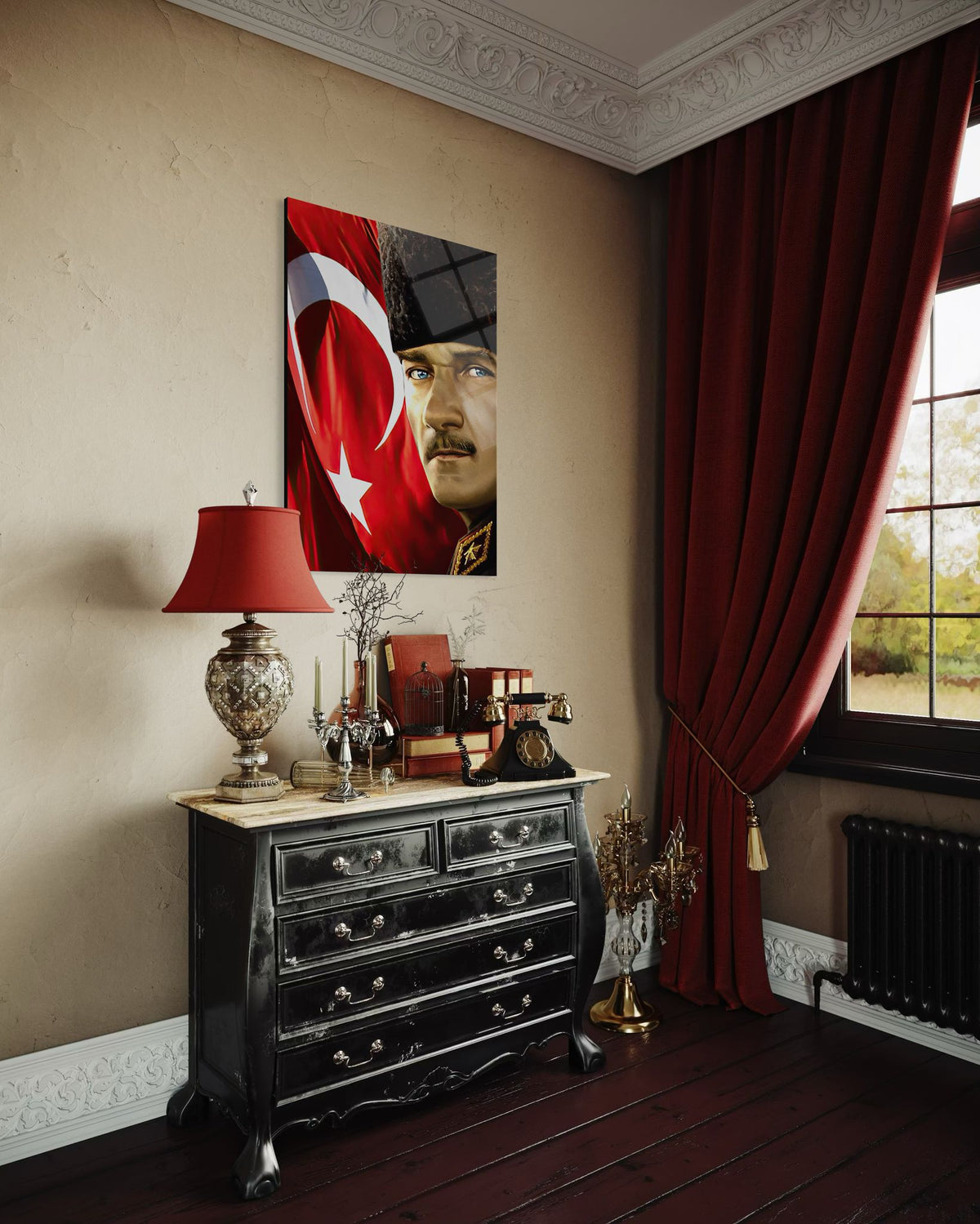 Atatürk Türk Bayraklı Sanatsal Portre Cam Tablo – Vatansever Duvar Dekoru