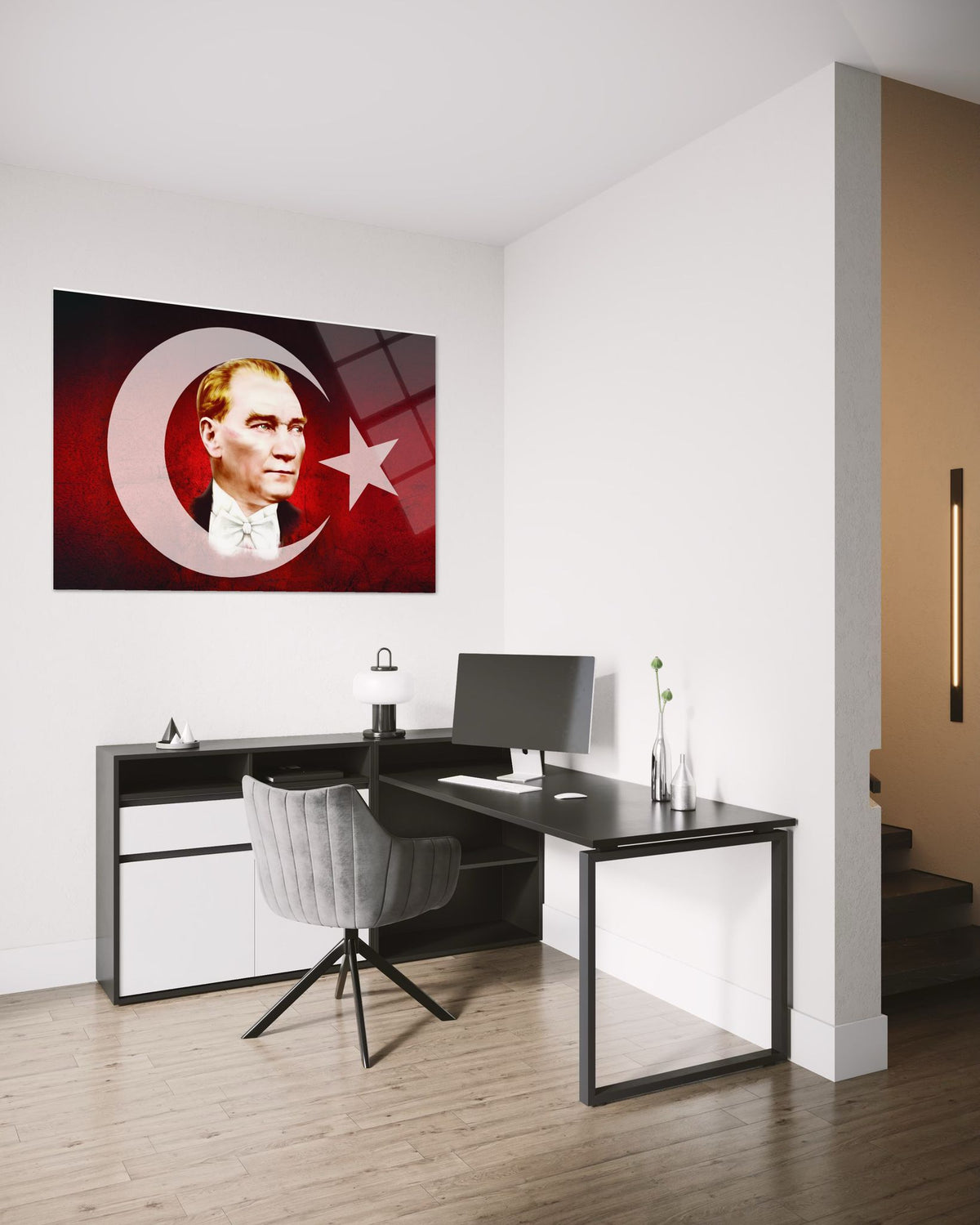 Atatürk Ay Yıldızlı Kırmızı Fon Profil Cam Tablo – Vatansever Duvar Dekoru
