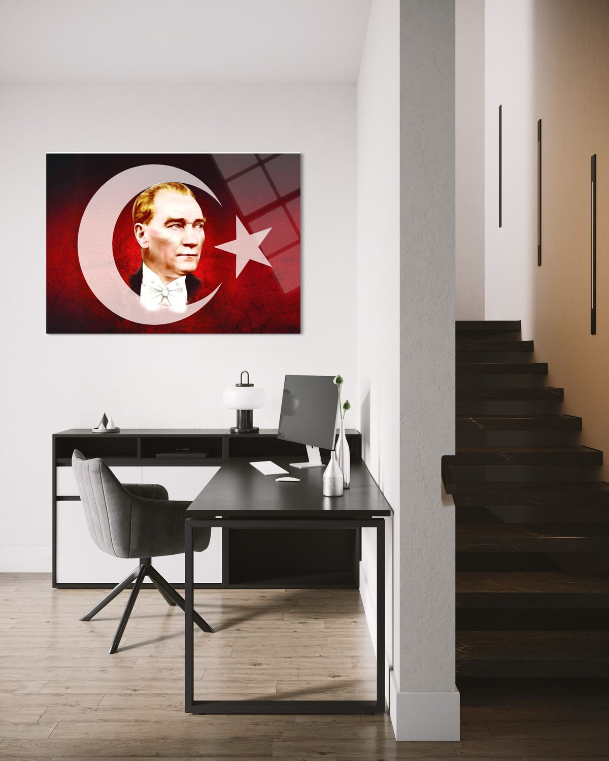Atatürk Ay Yıldızlı Kırmızı Fon Profil Cam Tablo – Vatansever Duvar Dekoru
