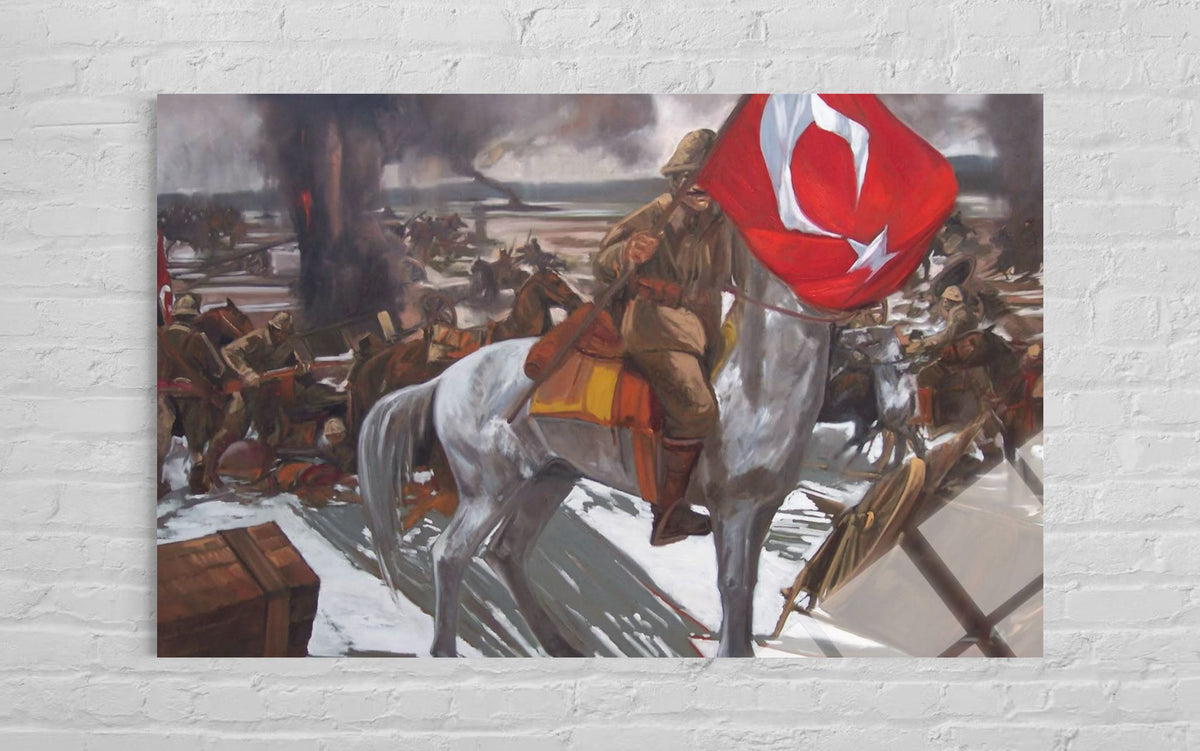 İstiklal Savaşı Karlı Cephe Atlı Komutan Cam Tablo – Epik Duvar Dekoru