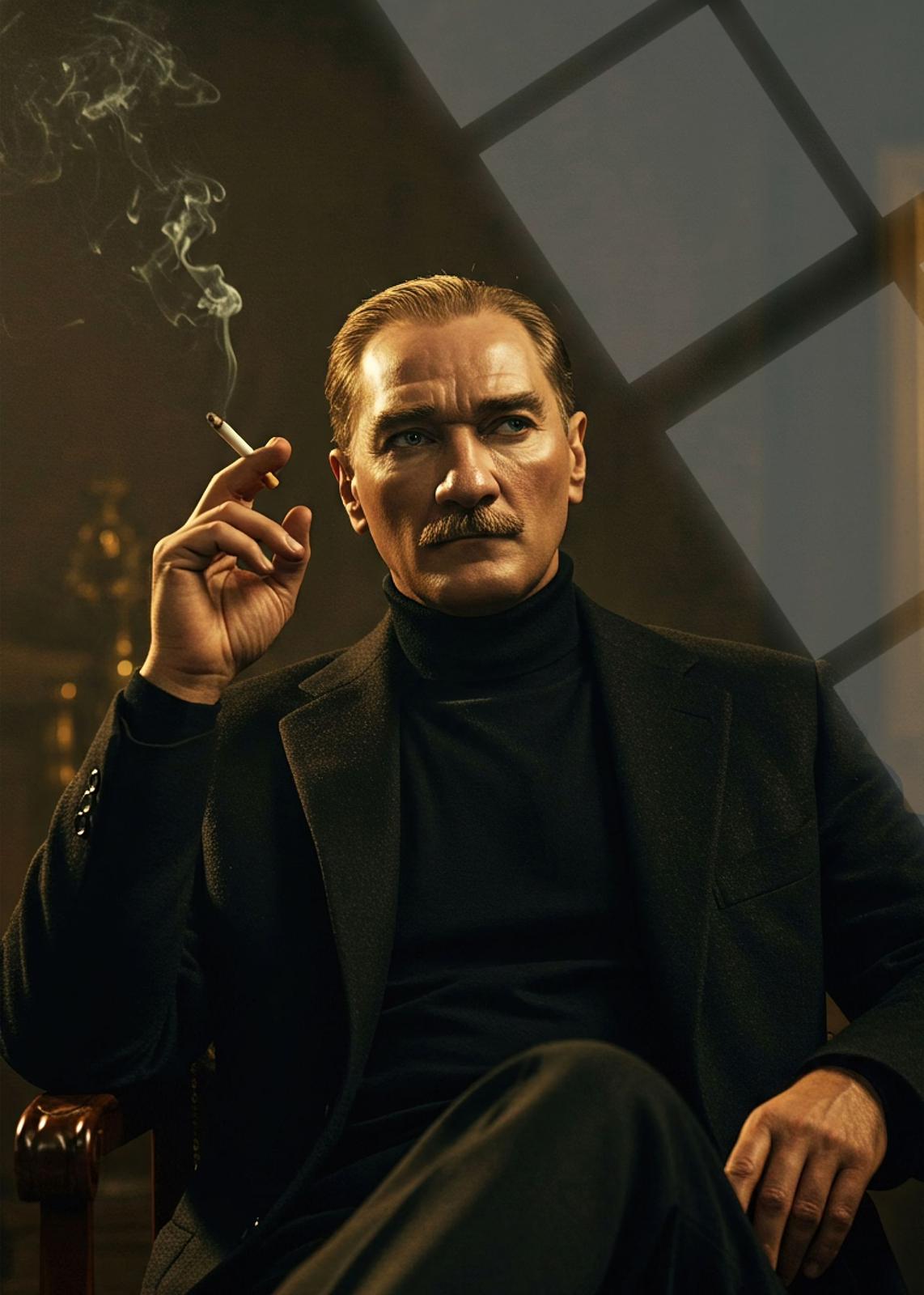 Atatürk Sıcak Tonlu Sigaralı Portre Cam Tablo – Moody Duvar Dekoru
