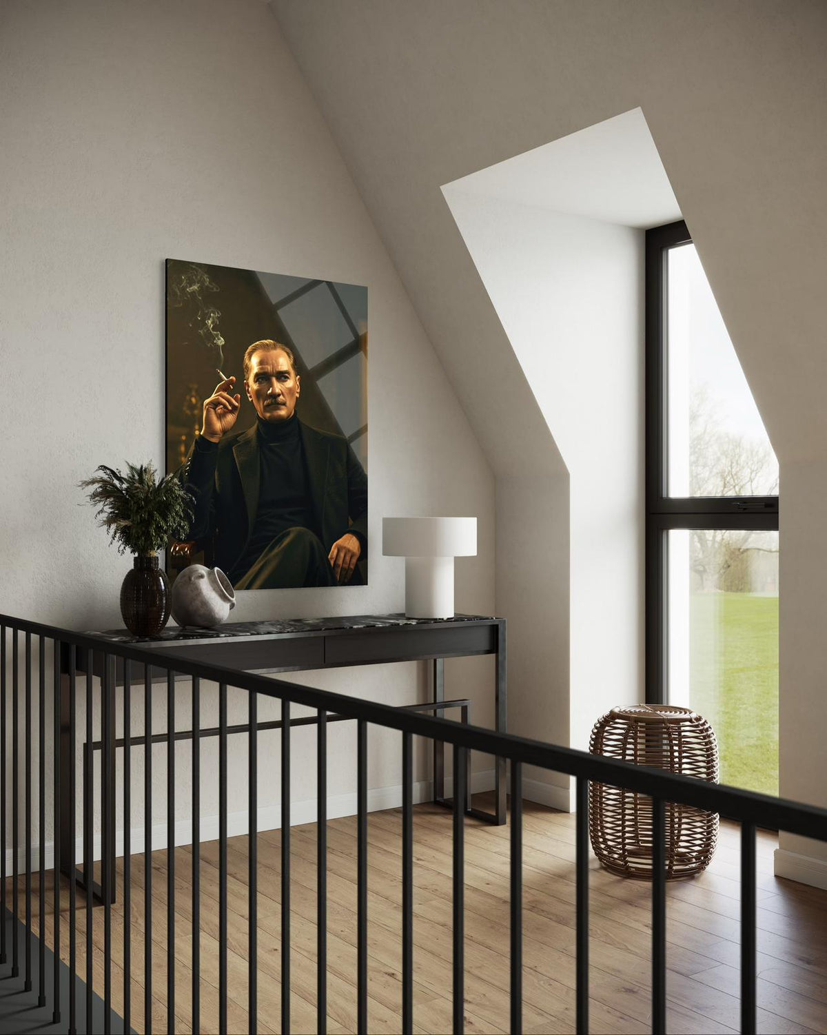 Atatürk Sıcak Tonlu Sigaralı Portre Cam Tablo – Moody Duvar Dekoru
