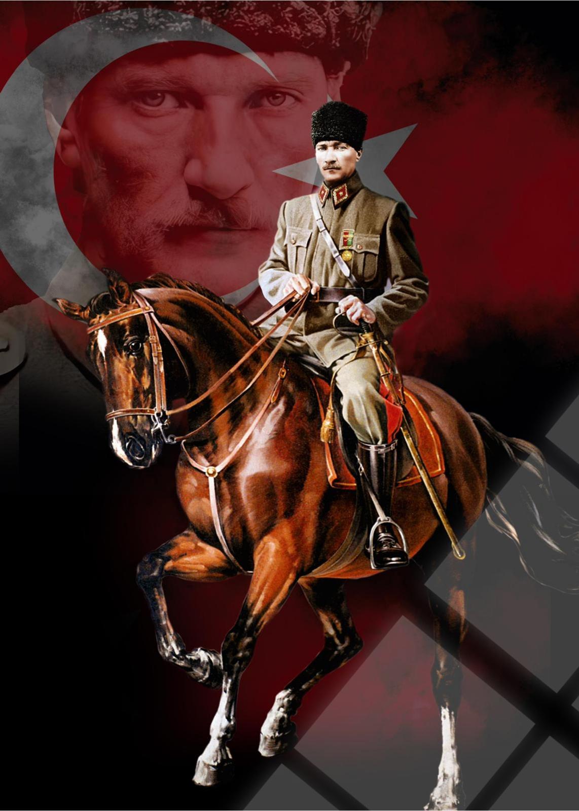 Atatürk Atlı Çift Pozlama Bayraklı Cam Tablo – Dramatik Duvar Dekoru