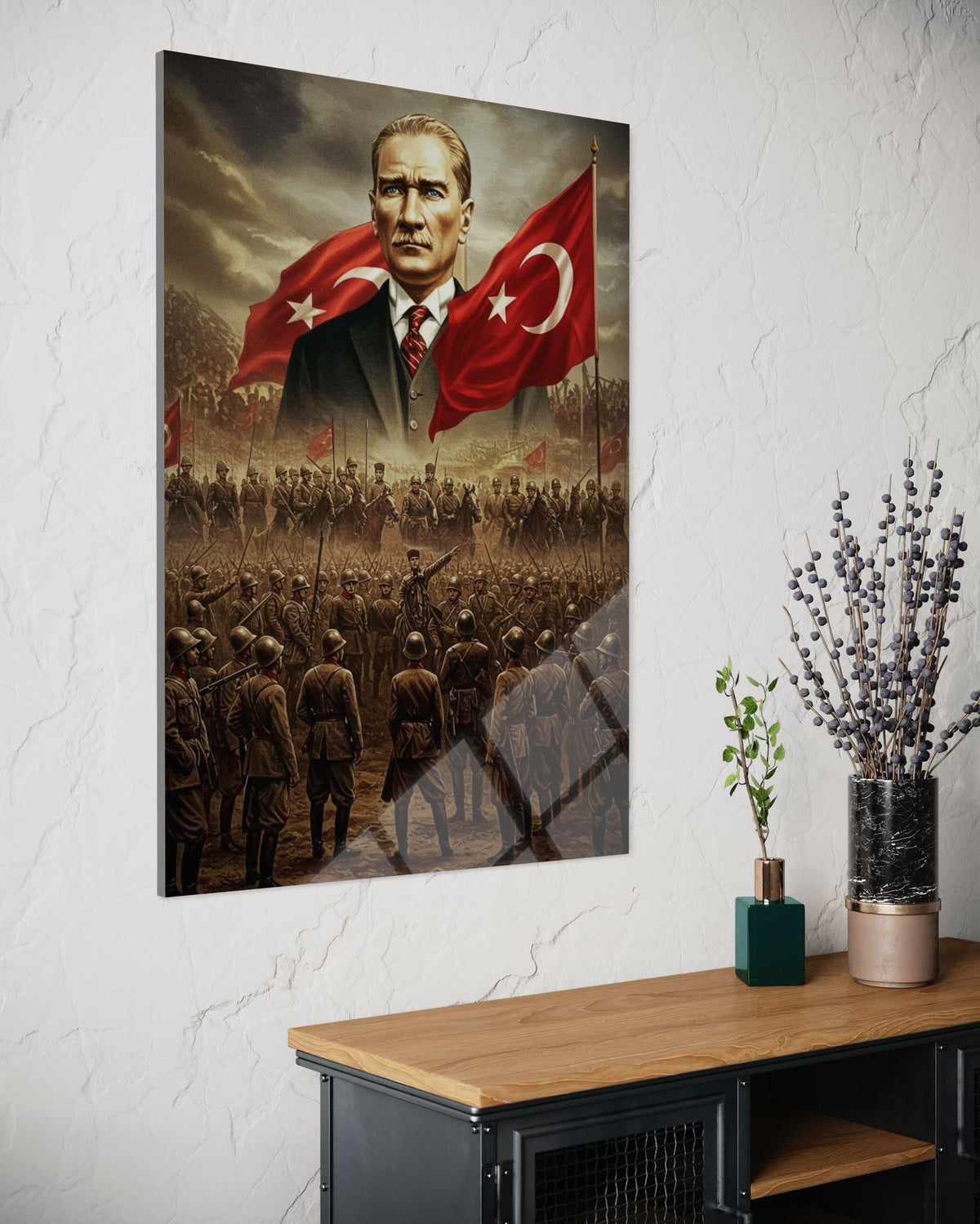 Atatürk Ordu ve Bayraklı Epik Kompozisyon Cam Tablo – Vatansever Duvar Dekoru