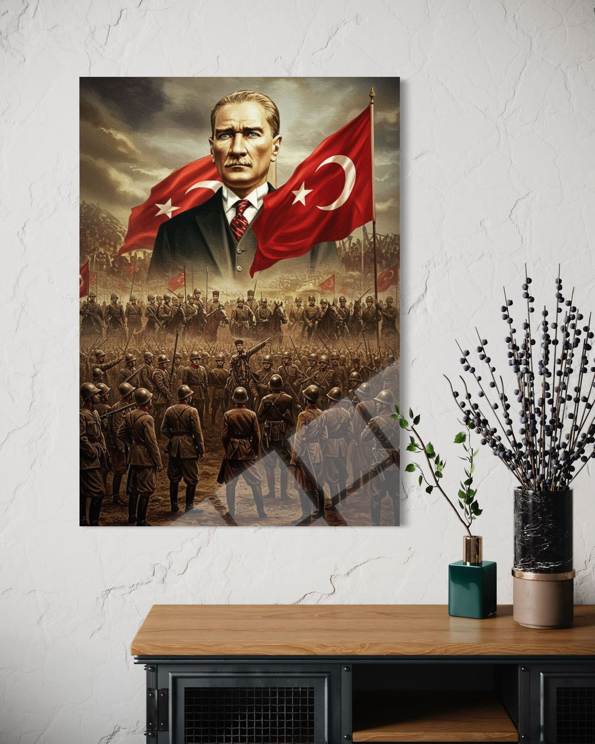 Atatürk Ordu ve Bayraklı Epik Kompozisyon Cam Tablo – Vatansever Duvar Dekoru