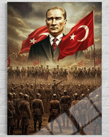 Atatürk Ordu ve Bayraklı Epik Kompozisyon Cam Tablo – Vatansever Duvar Dekoru