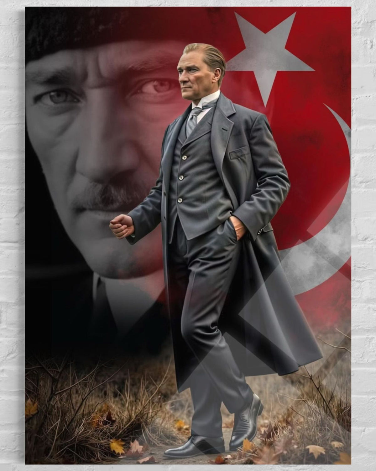 Atatürk Çift Pozlama Yüz ve Bayrak Fonlu Cam Tablo – Sanatsal Duvar Dekoru