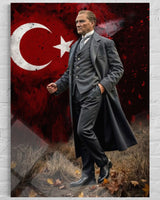 Atatürk Grunge Bayrak Fonlu Yürüyüş Cam Tablo – Dramatik Duvar Dekoru