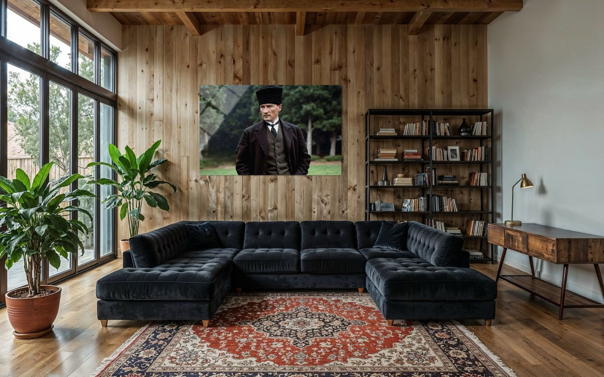 Atatürk Bahçede Sakin Poz Renklendirilmiş Cam Tablo – Doğal Duvar Dekoru