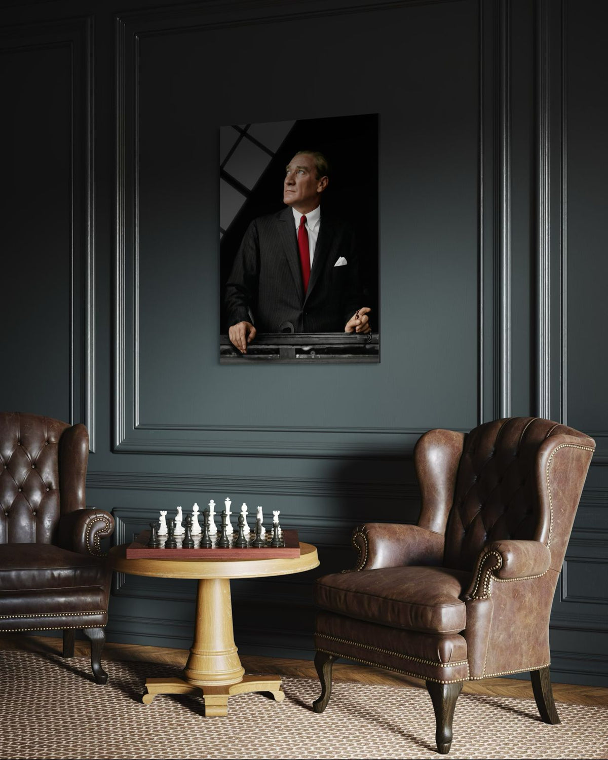 Atatürk Kırmızı Kravatlı Umut Dolu Poz Cam Tablo – Modern Duvar Dekoru