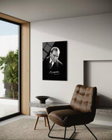 Atatürk Siyah Fon İmzalı Dramatik Portre Cam Tablo – Minimalist Duvar Dekoru