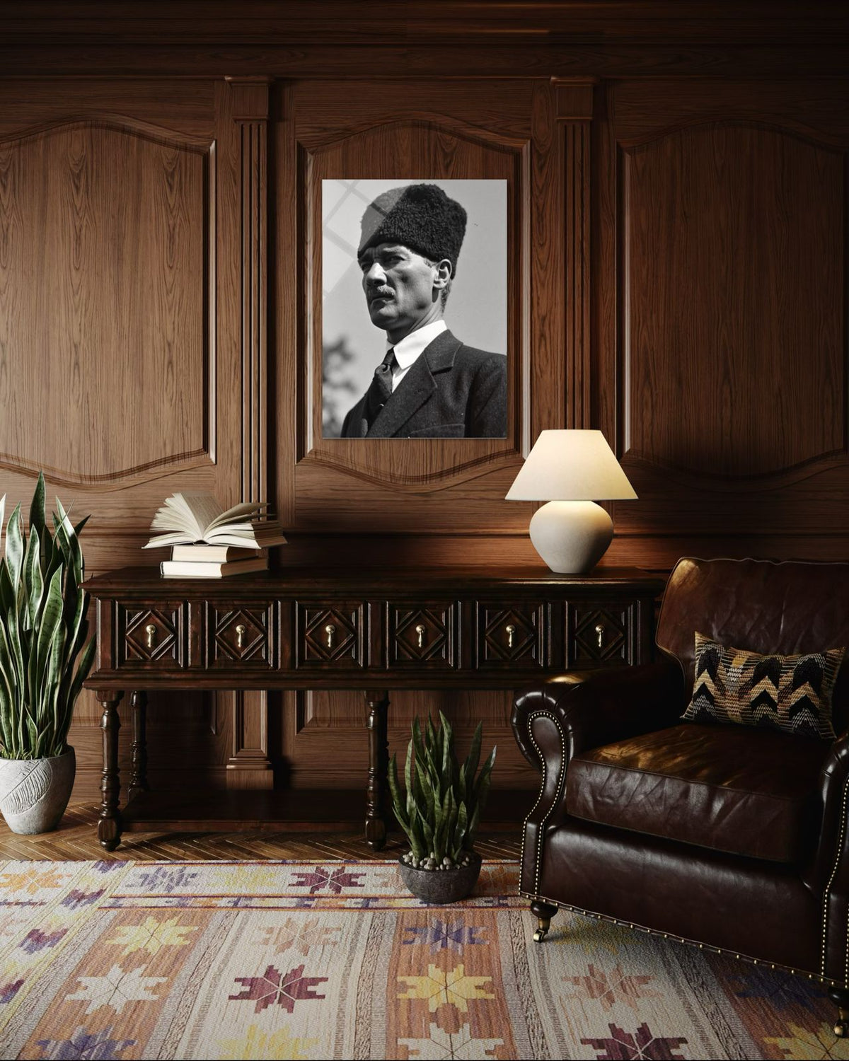 Atatürk Üç Çeyrek Profil Klasik Portre Cam Tablo – Otoriter Duvar Dekoru