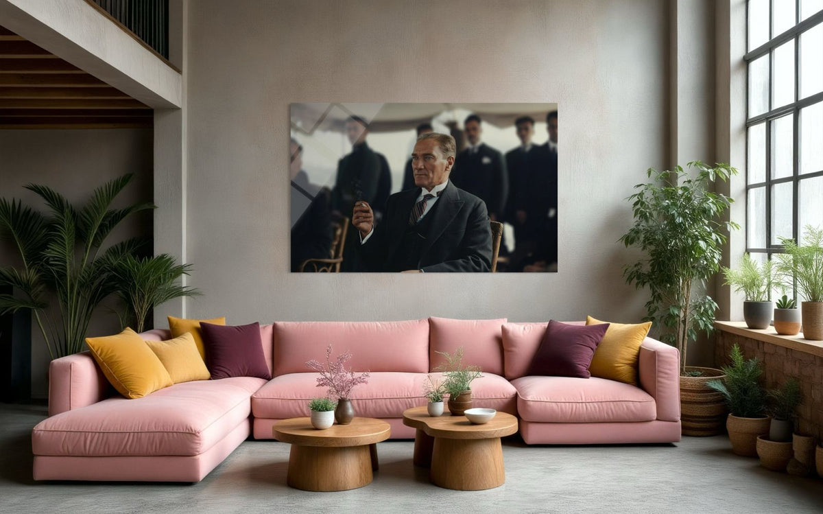Atatürk Sigaralı Oturur Poz Toplantı Sahnesi Cam Tablo – Otantik Duvar Dekoru