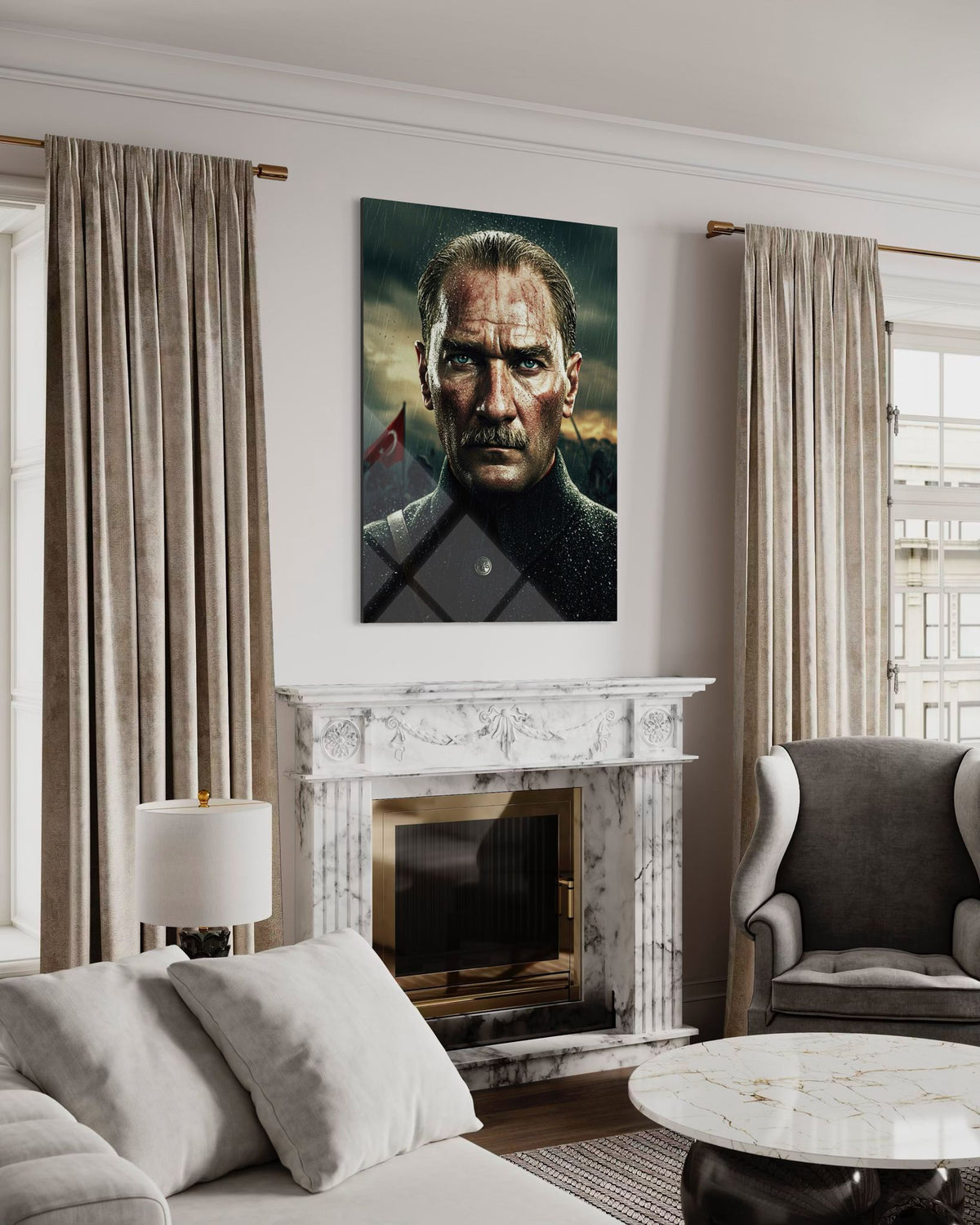 Atatürk Yağmurlu Sinematik Yakın Plan Cam Tablo – Dramatik Duvar Dekoru