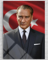 Atatürk Dalgalanan Türk Bayrağı Fonlu Cam Tablo – Vatansever Duvar Dekoru