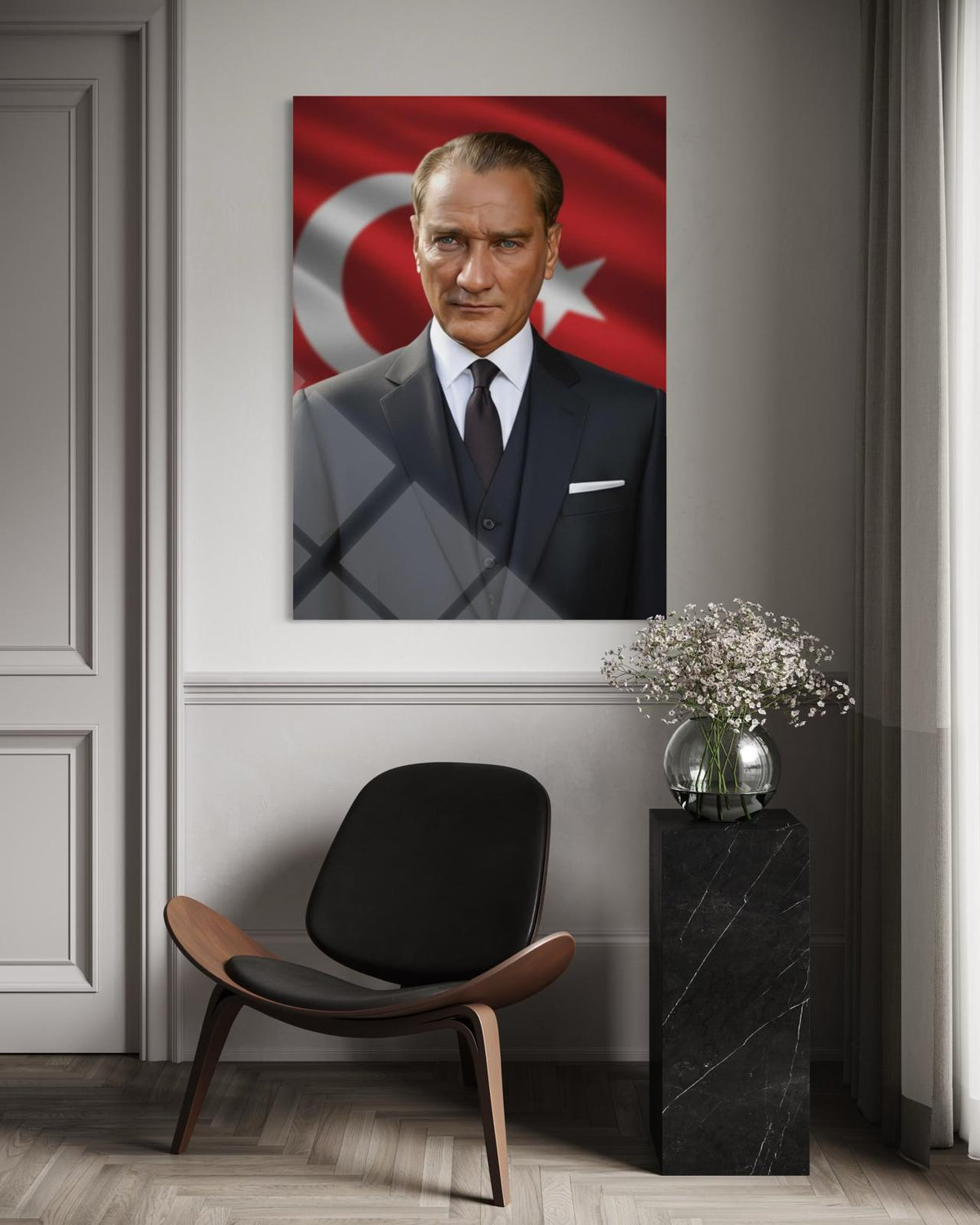 Atatürk Dalgalanan Türk Bayrağı Fonlu Cam Tablo – Vatansever Duvar Dekoru