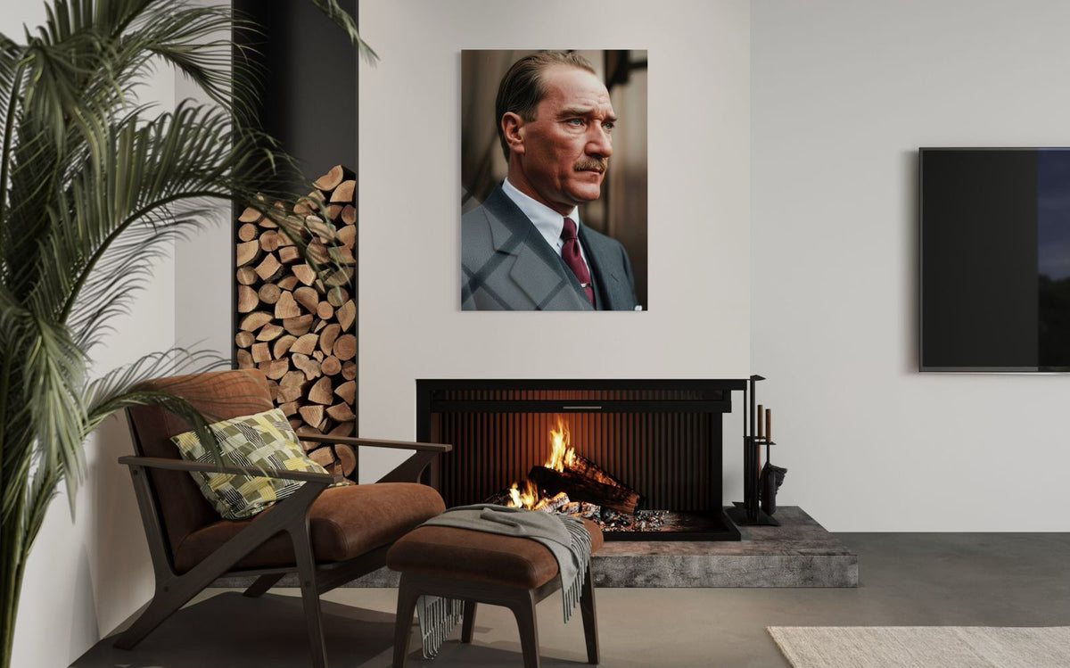 Atatürk Desenli Takım Bordo Kravatlı Profil Cam Tablo – Sofistike Duvar Dekoru