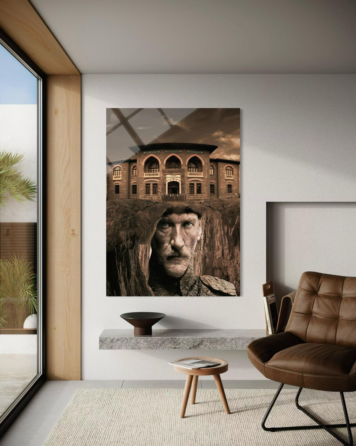 Atatürk Sepya Sürrealist Tarihi Bina Kompozisyonu Cam Tablo – Sembolik Duvar Dekoru