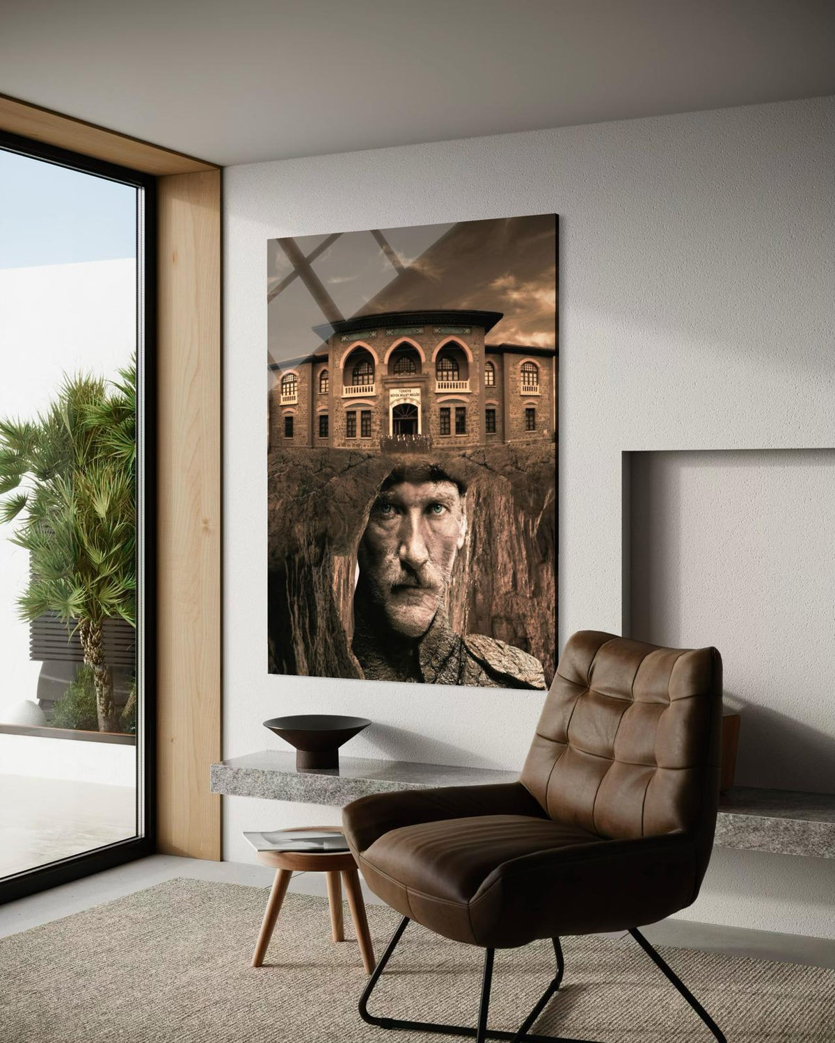 Atatürk Sepya Sürrealist Tarihi Bina Kompozisyonu Cam Tablo – Sembolik Duvar Dekoru